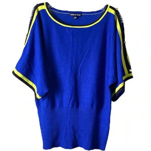CABLE & GAUGE | Royal Blue Yellow Trim Button Sleeve Boat Neck Sweater Size XL